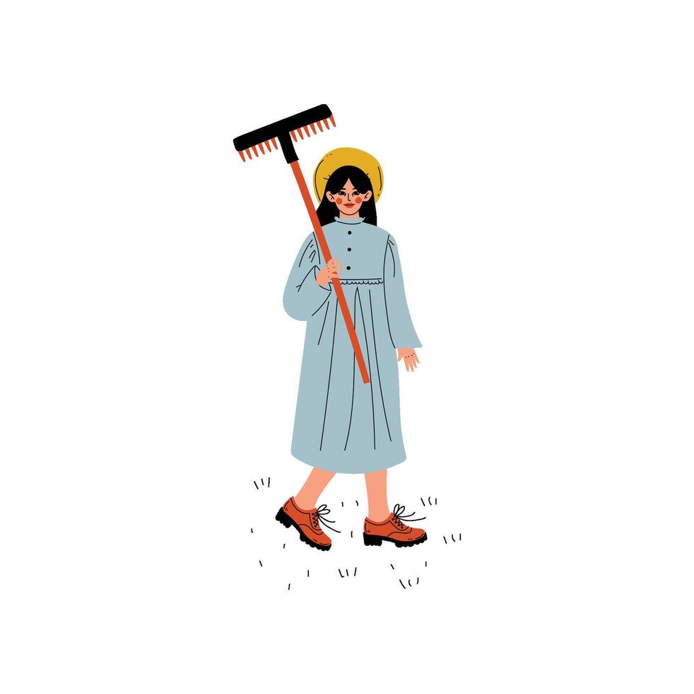 Beautiful Girl Dressed in Dress and Hat Standing with Rakes, Young Woman Working in Garden or Farm Illustration vector