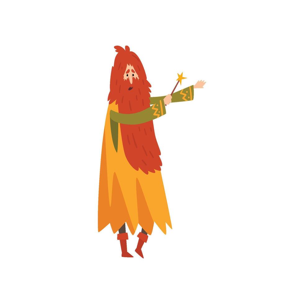 Male Sorcerer Conjuring with Magic Wand, Redhead Bearded Wizard Character Illustration vector