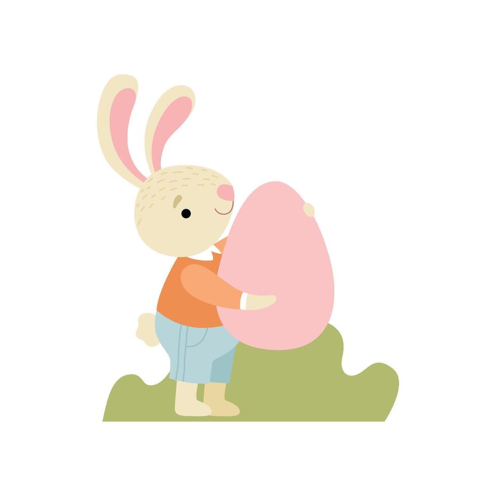 Cute Bunny in Clothes Holding Pink Egg, Happy Easter, Design Element for Greeting Card, Invitation, Poster, Banner Illustration vector