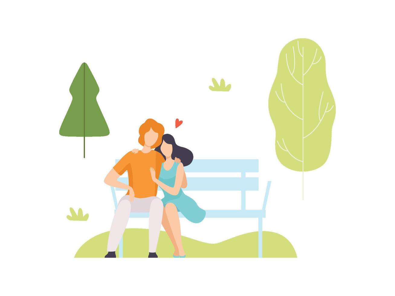 Young Man and Woman Sitting on Bench in Park, People Relaxing and Enjoying Nature Outdoors Illustration vector
