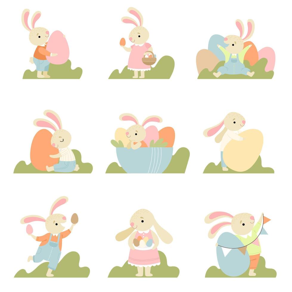 Collection of Cute Bunnies Dressed in Sweet Clothes with Colorful Eggs, Happy Easter, Design Element for Greeting Card, Invitation, Poster, Banner Illustration vector