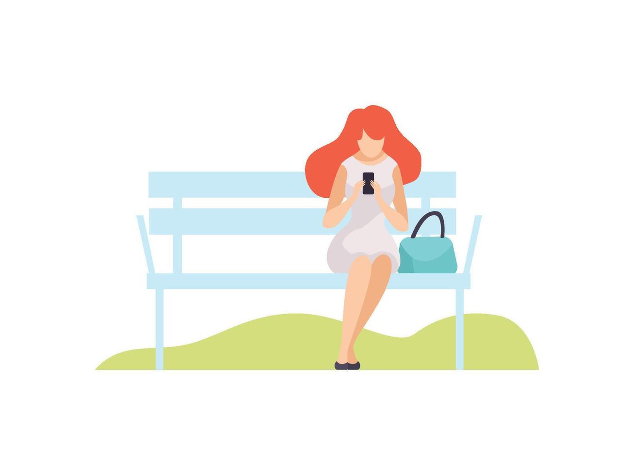 Girl Using Smartphone While Sitting on Bench in Park, Young Woman Relaxing and Enjoying Nature Outdoors Illustration vector