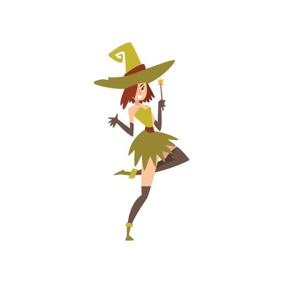 Beautiful Witch with Magic Wand, Charming Witch Character Illustration vector