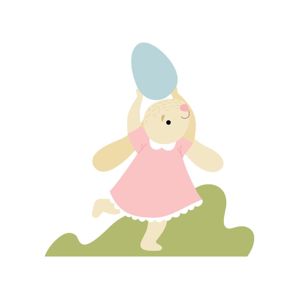 Cute Bunny in Pink Dress Running with Egg, Happy Easter, Design Element for Greeting Card, Invitation, Poster, Banner Illustration vector