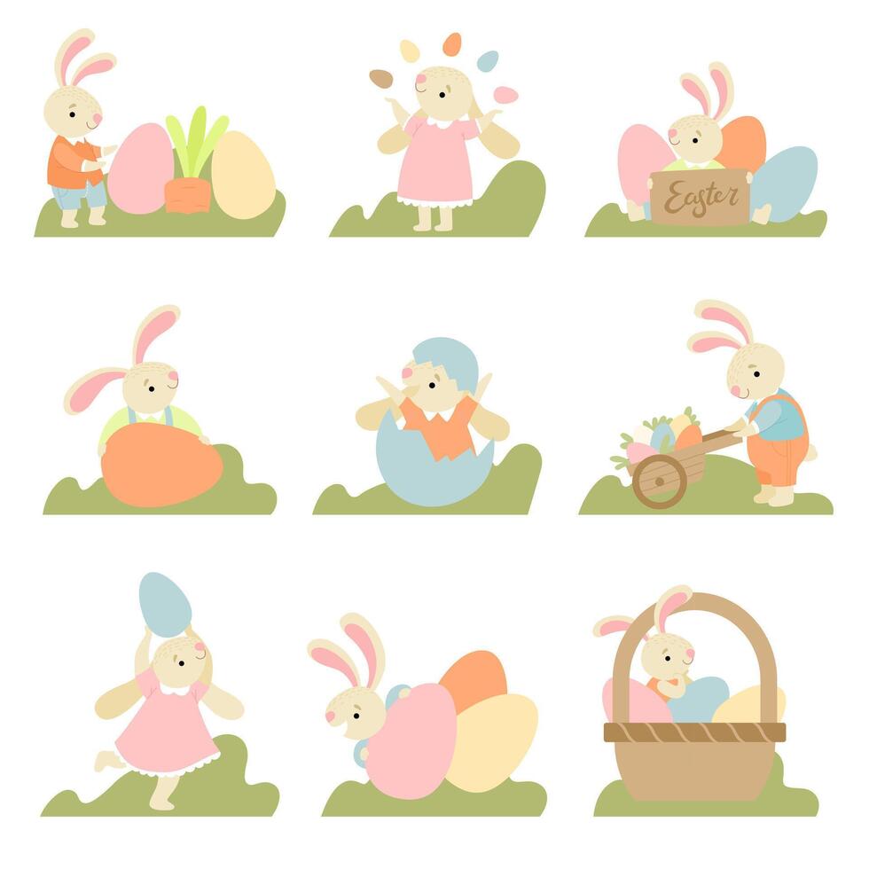 Collection of Cute Bunnies with Colorful Eggs, Happy Easter, Design Element for Greeting Card, Invitation, Poster, Banner Illustration vector