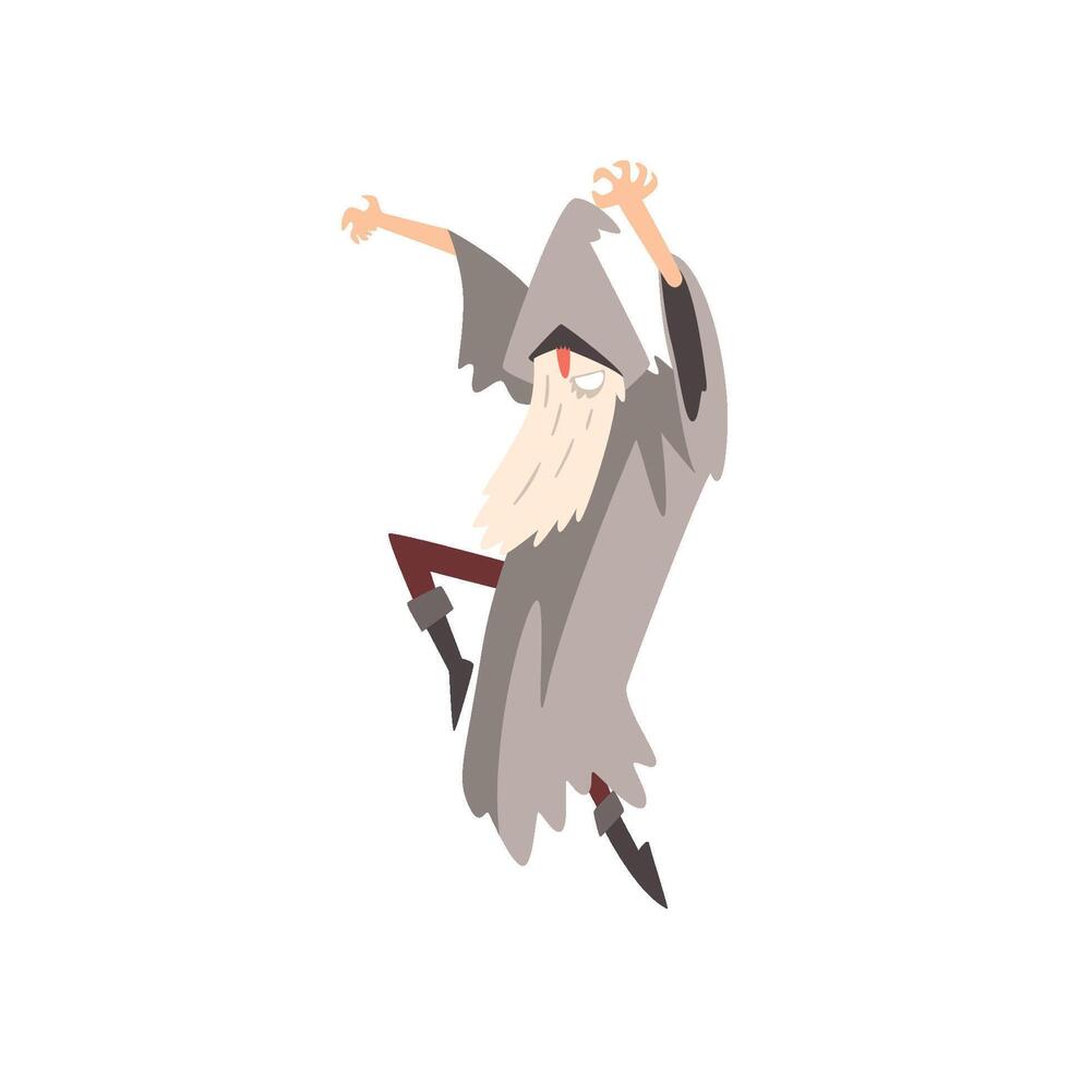 Elderly Male Sorcerer Sorcerer Conjuring, Bearded Wizard Character Wearing Mantle and Pointed Hat Illustration vector