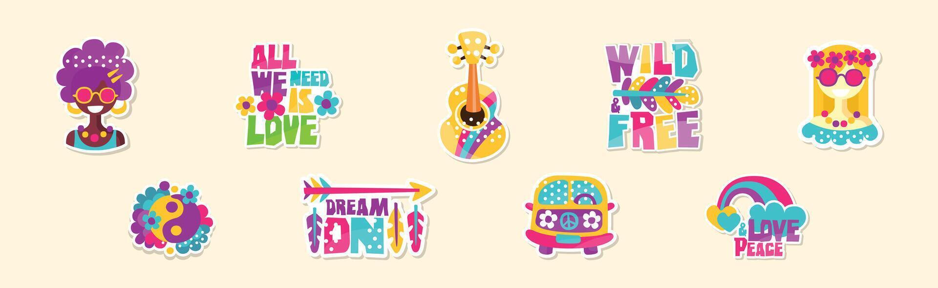 Hippie Sticker and Retro Patches Colorful Set vector