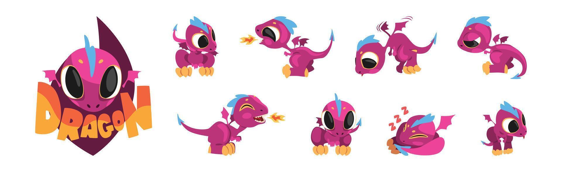 Fairy Dragon Baby Purple Lizard with Wing and Tail Set vector