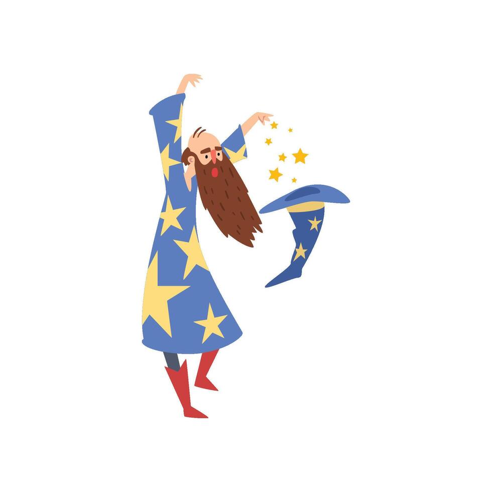 Male Sorcerer Practicing Wizardry, Bearded Wizard Character Wearing Blue Mantle with Stars and Pointed Hat Illustration vector