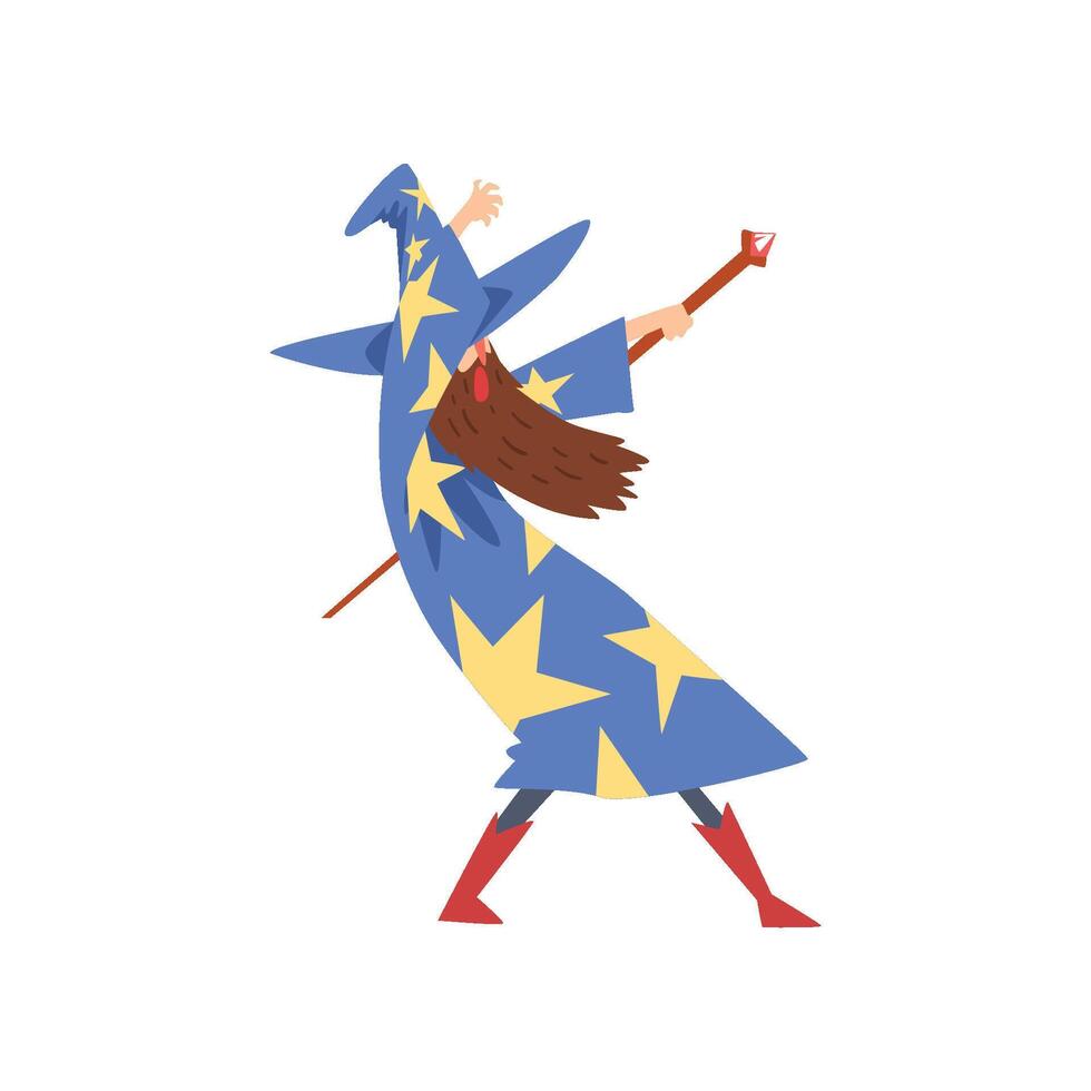 Male Sorcerer Practicing Wizardry with Staff, Bearded Wizard Character Wearing Blue Mantle with Stars and Pointed Hat Illustration vector