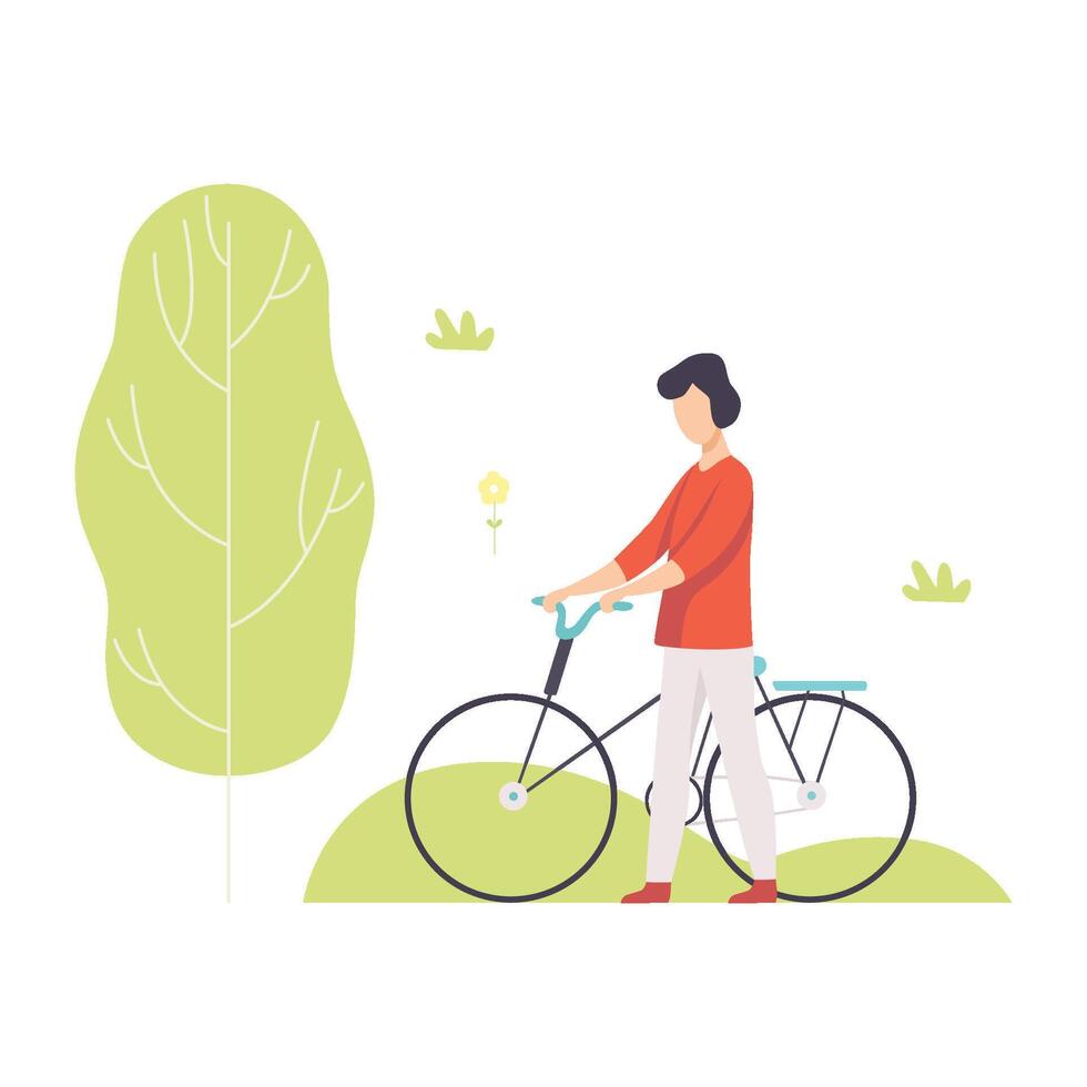 Young Man Walking with Bike in Park, Guy Relaxing and Enjoying Nature Outdoors Illustration vector