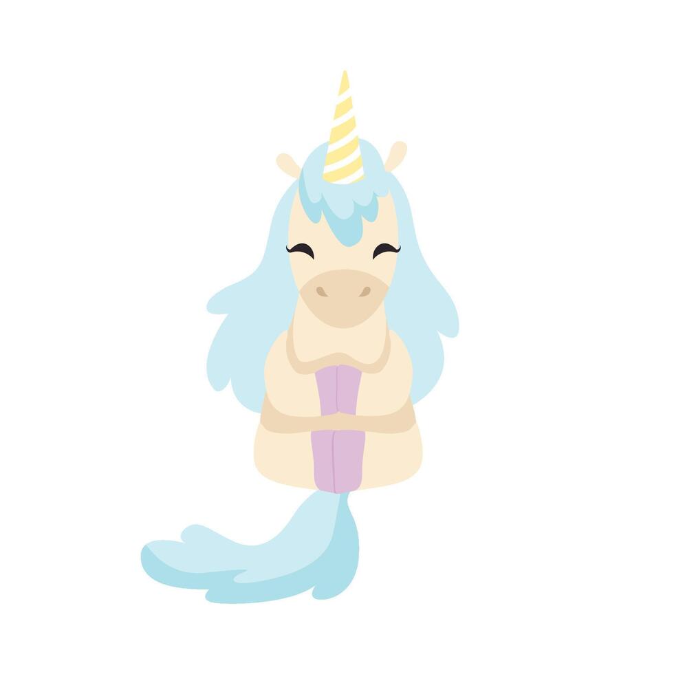 Beautiful Unicorn with Light Blue Mane, Cute Magic Fantasy Animal, Front View Illustration vector