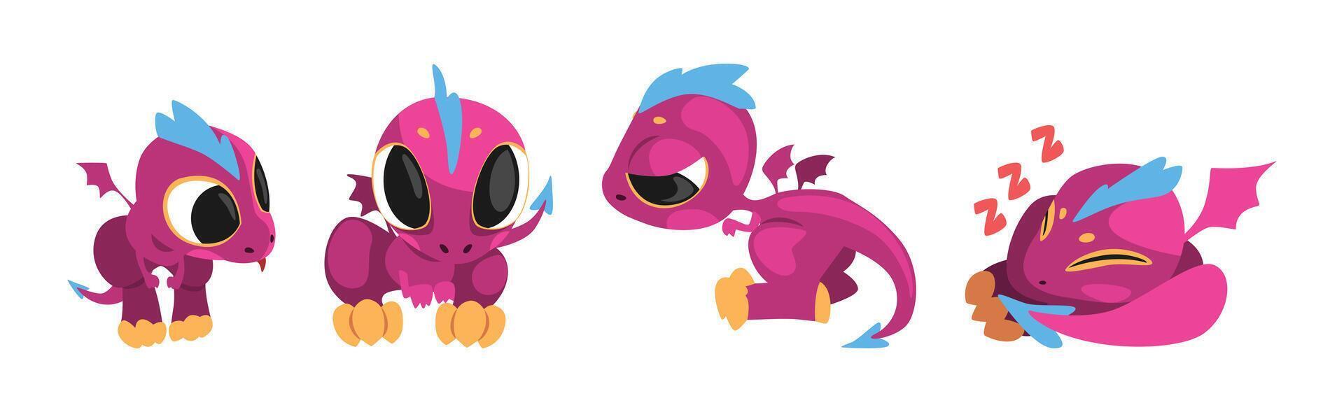 Fairy Dragon Baby Purple Lizard with Wing and Tail Set vector