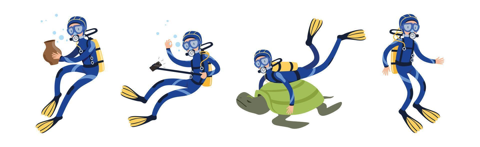Diving Man Character in Blue Suit with Flippers Set vector