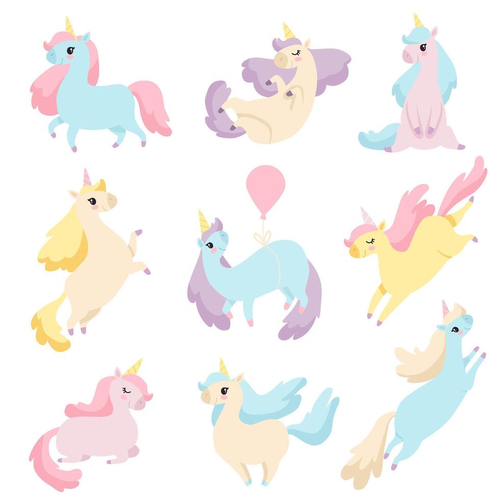 Collection of Lovely Unicorns, Cute Magic Fantasy Animals Illustration vector