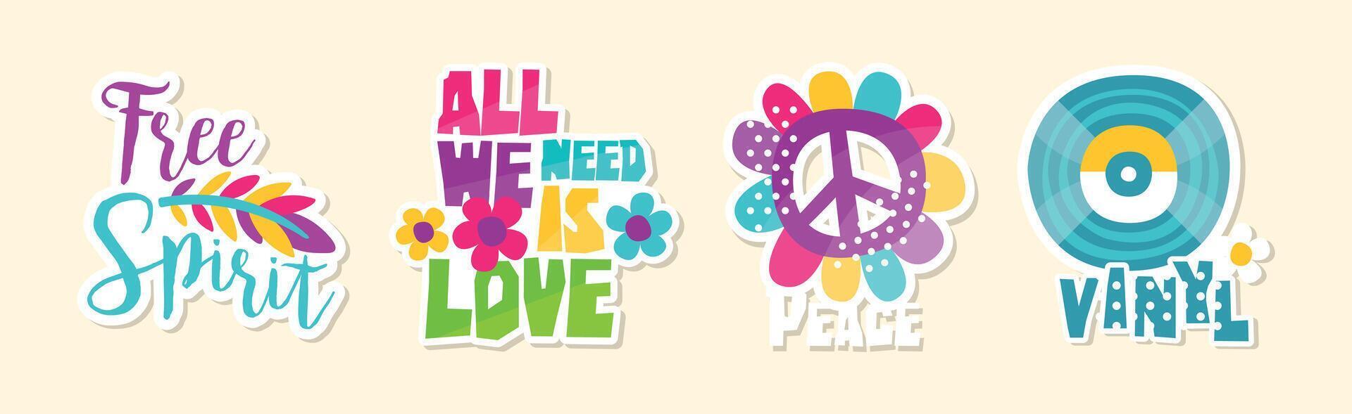 Hippie Sticker and Retro Patches Colorful Set vector