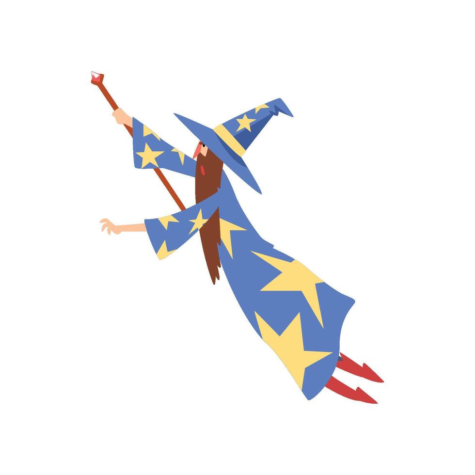 Male Sorcerer Conjuring, Bearded Wizard Character Wearing Blue Mantle with Stars and Pointed Hat Practicing Wizardry Illustration vector