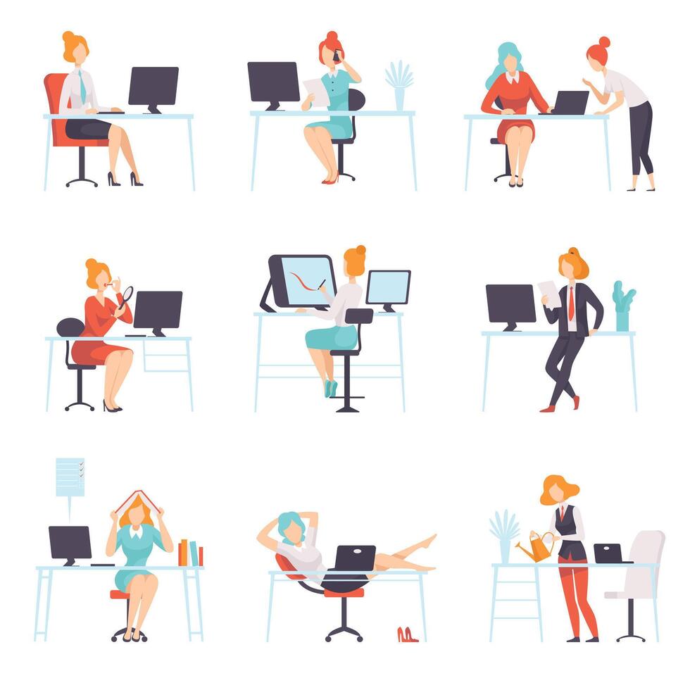 Businesswomen Working in Office Set, Business Employee Character Daily Routine Illustration vector