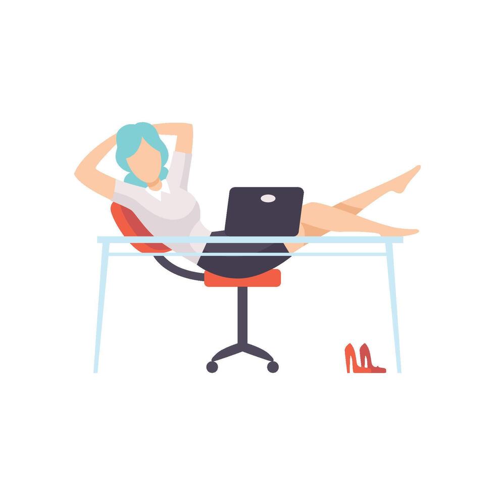 Businesswoman Resting at Computer in Office, Young Woman Sitting on Chair and Folded Her Legs on Table, Business Employee Character Daily Routine Illustration vector