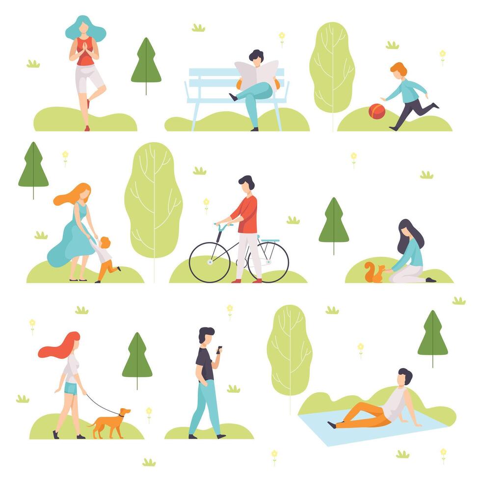 People Walking, Doing Sports, Relaxing in Park, Men and Women Enjoying Nature Outdoors, Leisure Outdoor Activities Illustration vector
