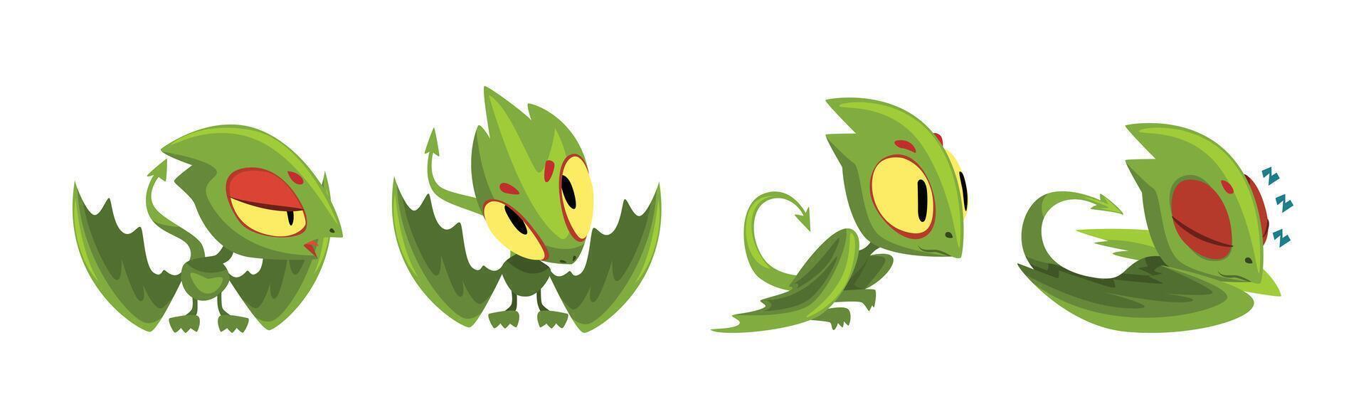 Fairy Dragon Baby Green Lizard with Wing and Tail Set vector