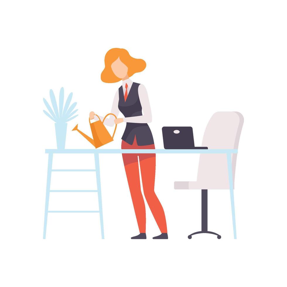 Businesswoman Watering Flowers While Working in Office, Business Employee Character Daily Routine Illustration vector