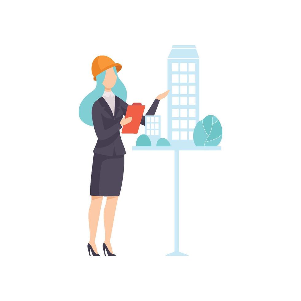 Architect Woman Character Wearing Orange Safety Helmet Presenting Her Project Illustration vector