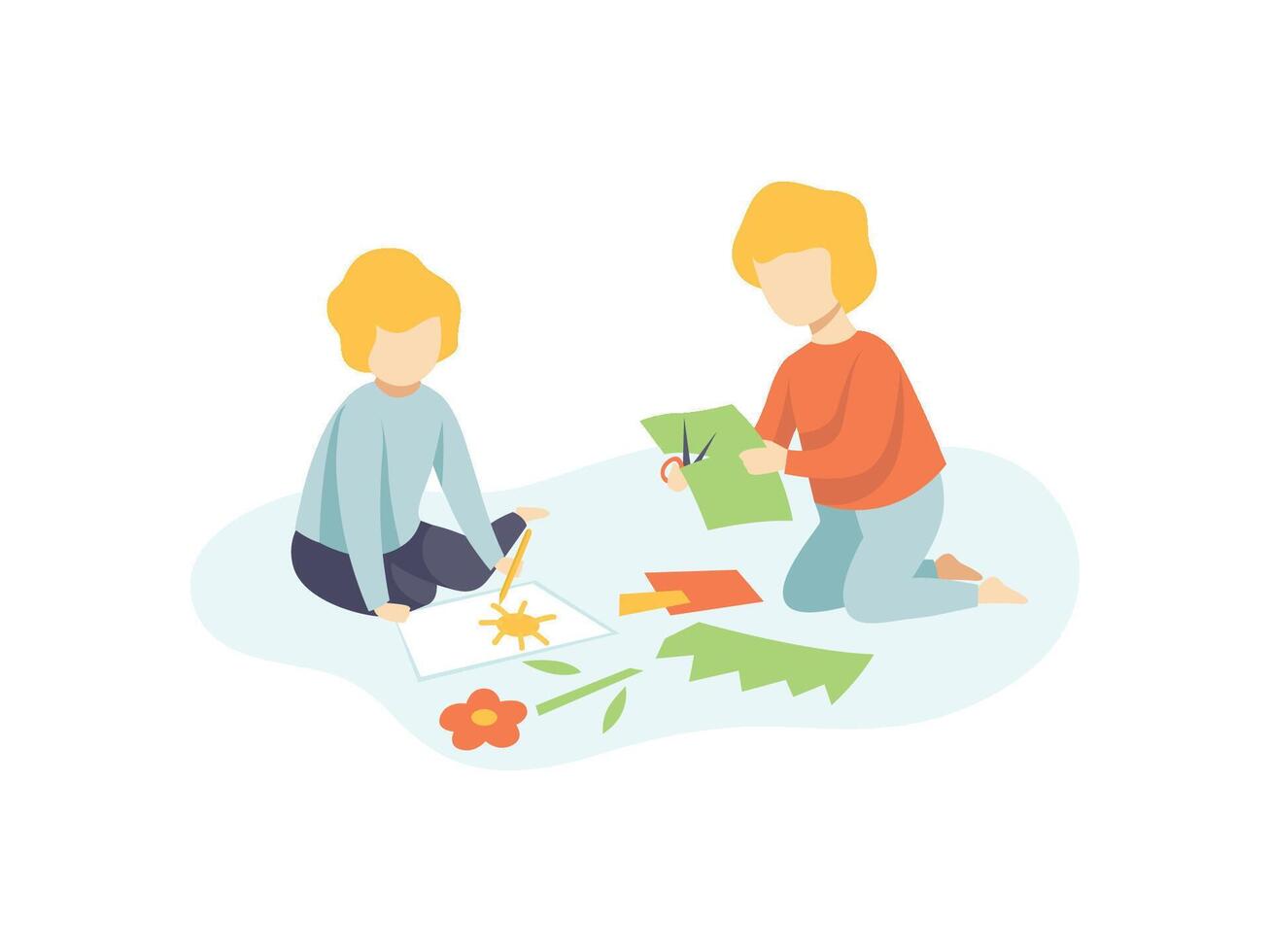 Two Boys Sitting on Floor Cutting Application Details and Drawing, Kids Creativity, Education, Development Illustration vector