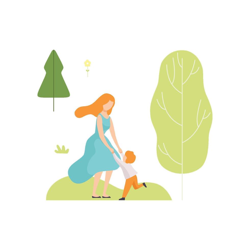 Mother and Her Son Having Fun in Summer Park, Young Woman and Boy Relaxing and Enjoying Nature Outdoors Illustration vector