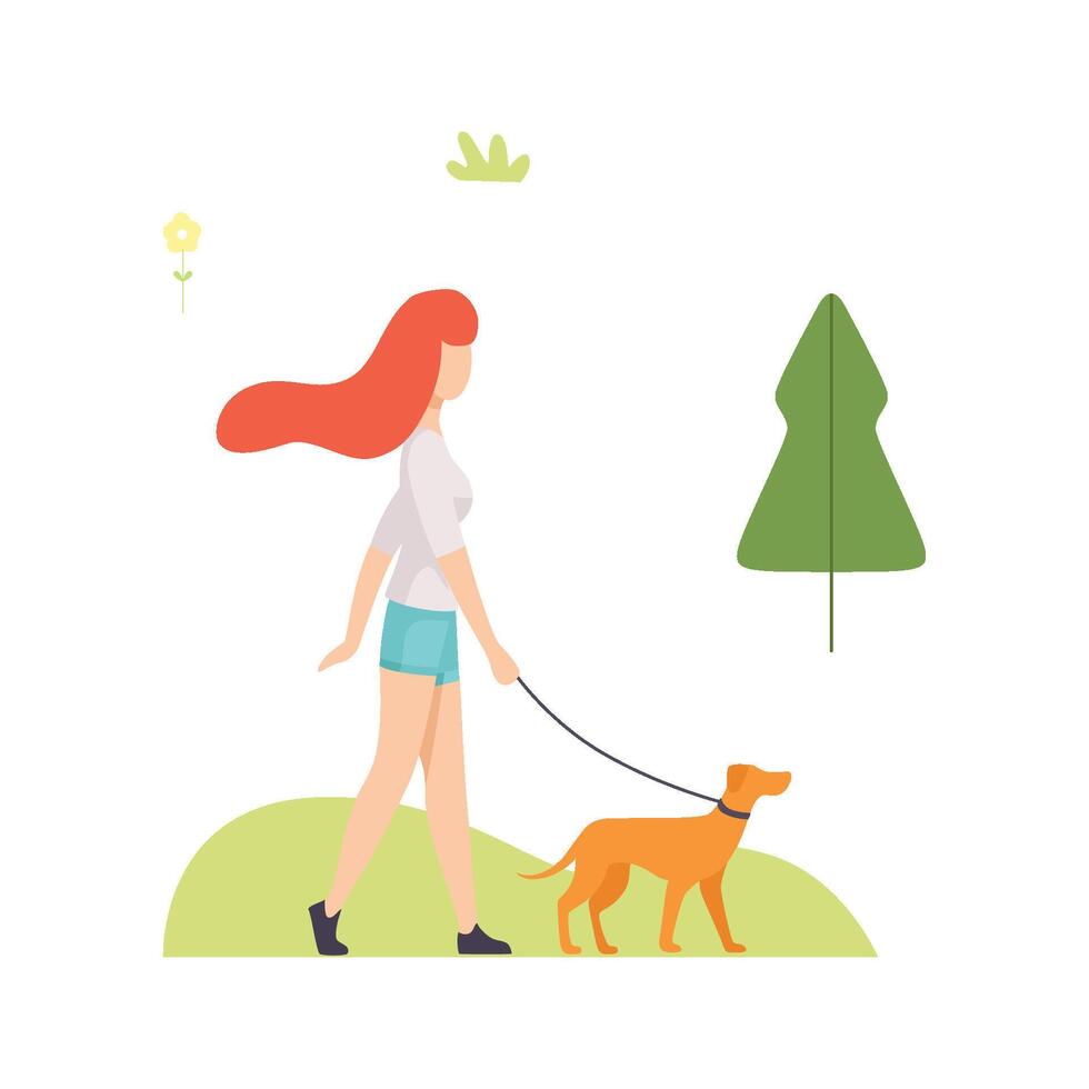 Young Woman Walking with Her Dog in Park, Girl Relaxing and Enjoying Nature Outdoors Illustration vector
