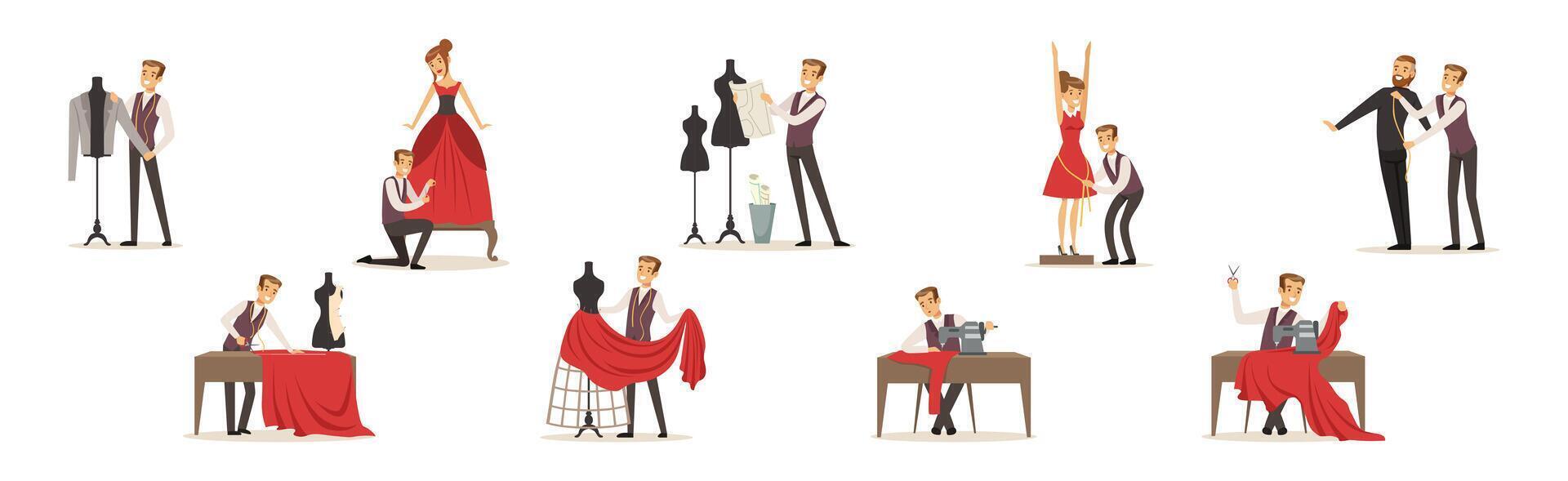 Man Tailor and Dressmaker Character Do His Job Set vector