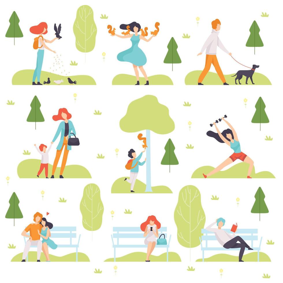 People Walking, Doing Sports, Relaxing in Park, Men and Women Spending Time and Relaxing on Nature, Leisure Outdoor Activities Illustration vector