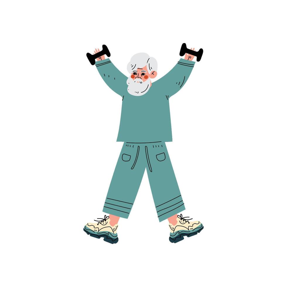 Senior Man Exercising with Dumbbells, Grandfather Doing Morning Exercise or Therapeutic Gymnastics, Elderly Man Daily Activity Illustration vector