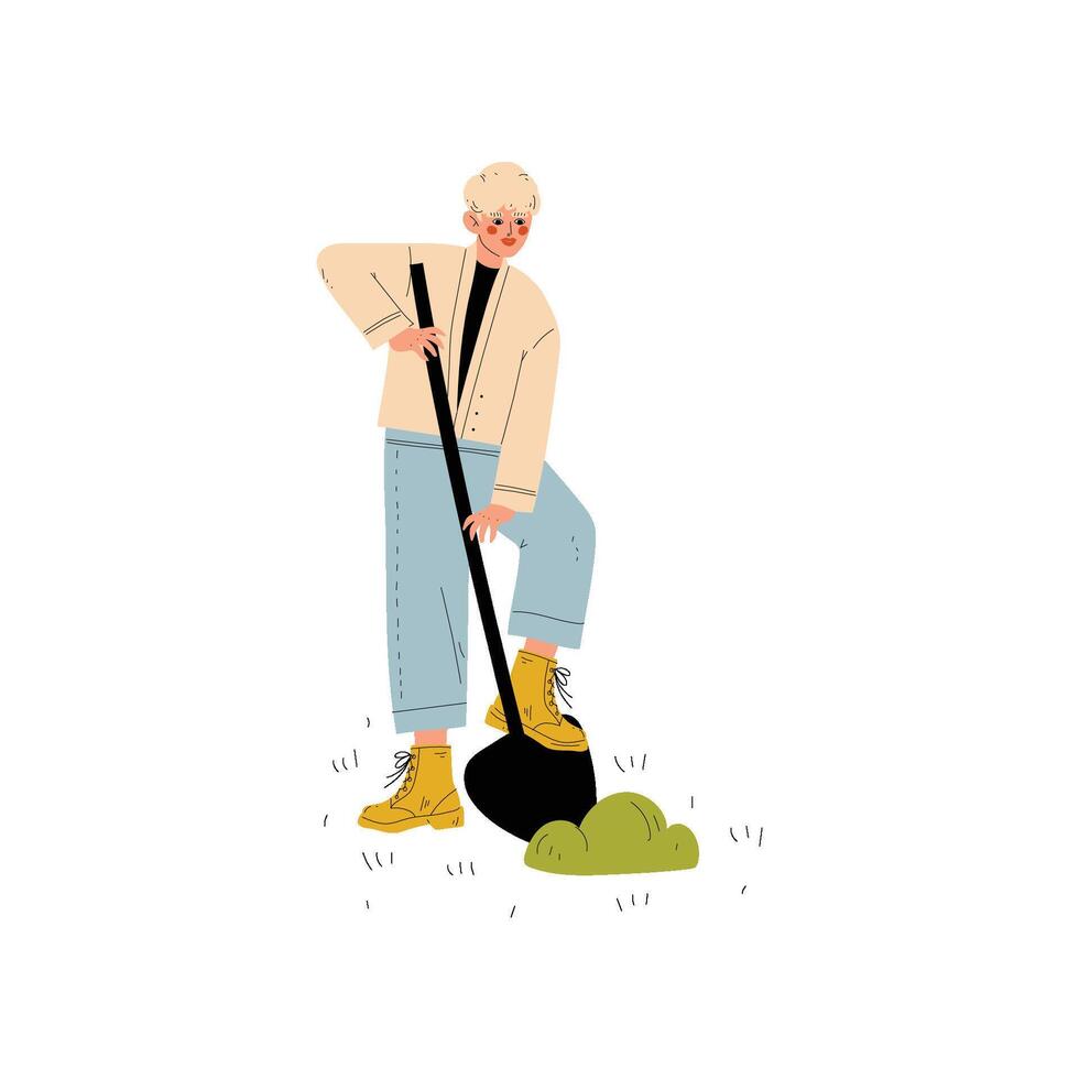 Young Man Working with Shovel in Garden or Farm Illustration vector