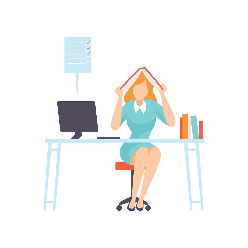 Overworked Businesswoman Seating in Office with Book on Her Head, Business Employee Character Daily Routine Illustration vector