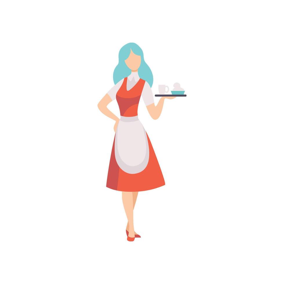 Female Waitress Character Wearing Apron Standing with Tray Illustration vector