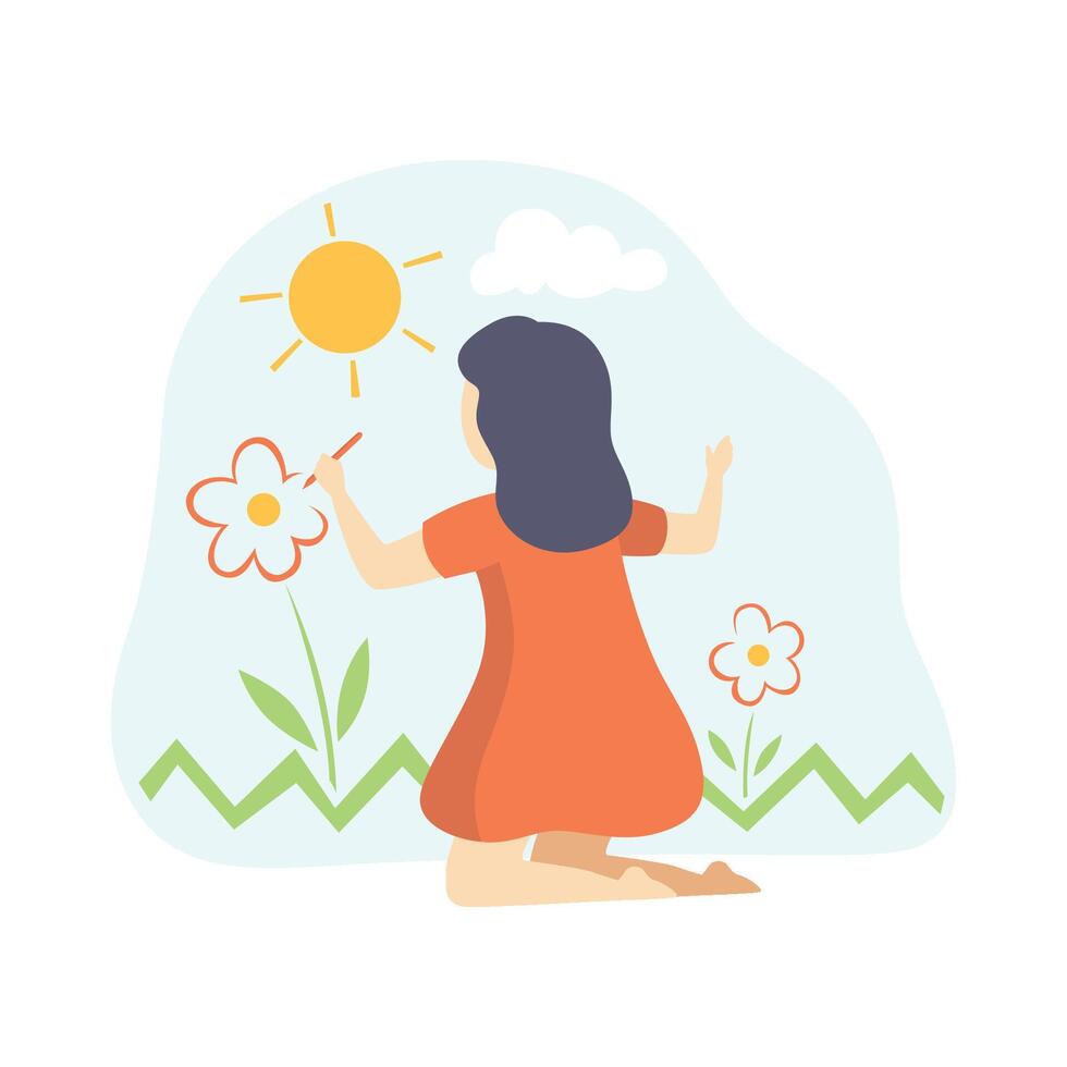 Cute Girl in Red Dress Painting Flowers on Wall, Kids Creativity, Education, Development Illustration vector