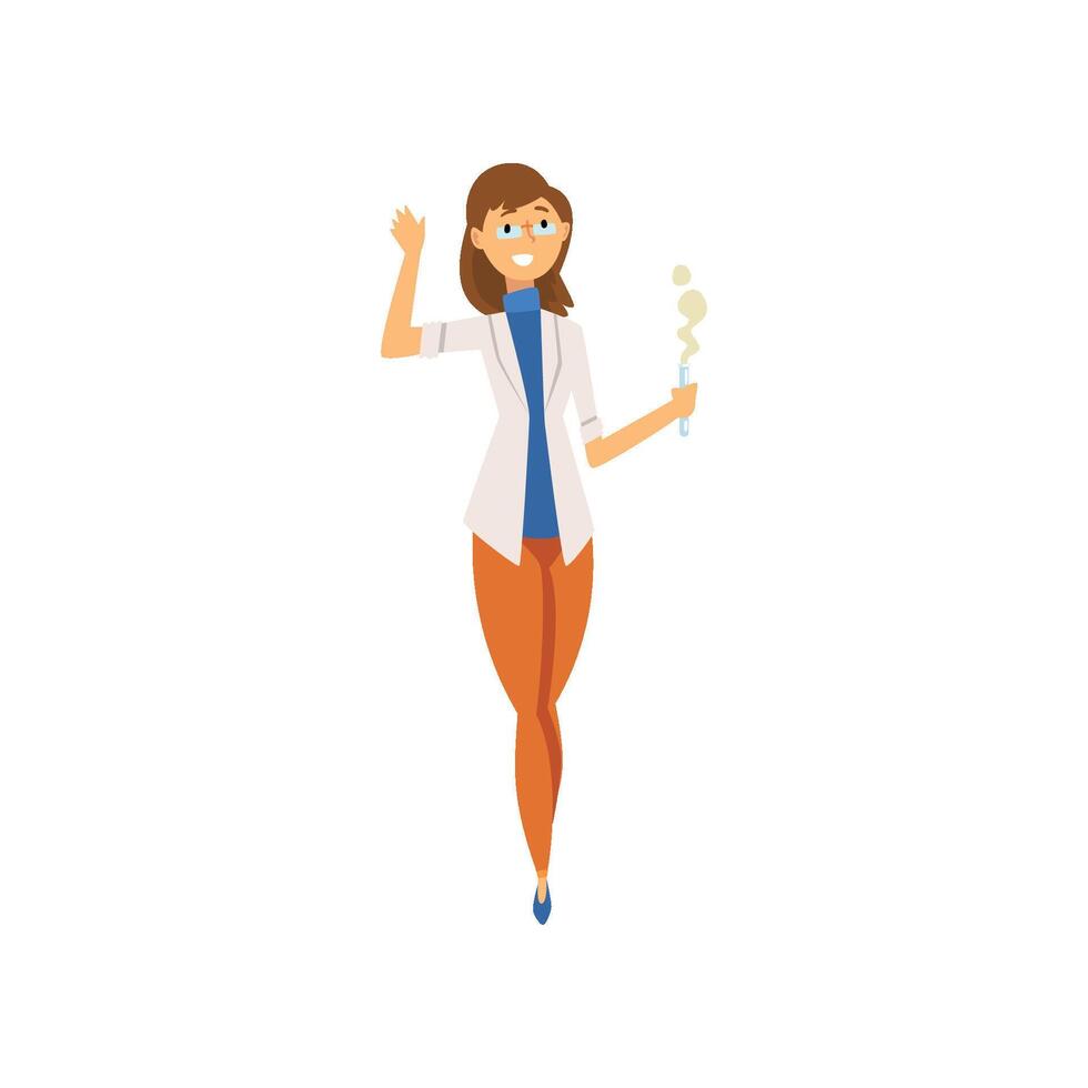 Woman Scientist in White Coat Holding Test Fask, Female Chemist Character Illustration vector