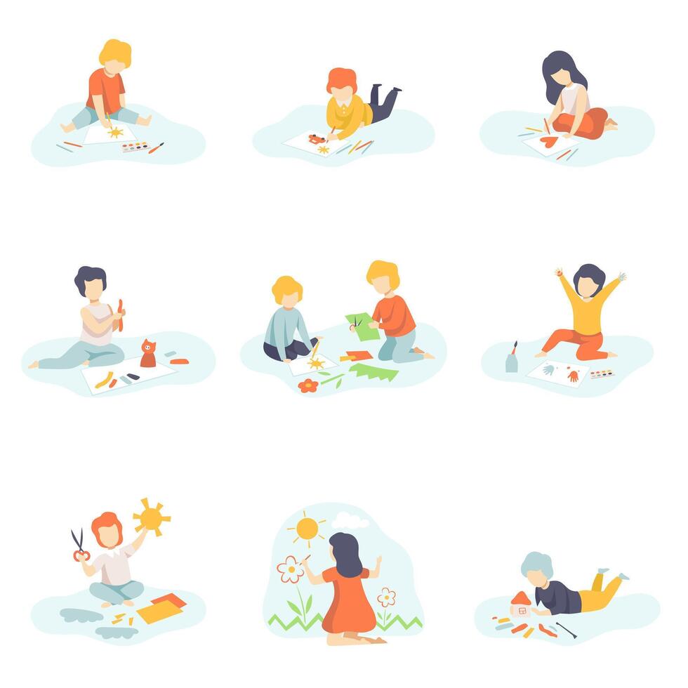Collection of Boys and Girls Sitting on Floor Painting, Cutting with Scssors, Drawing with Pencils, Modelling from Plasticine, Kids Creativity, Education, Development Illustration vector