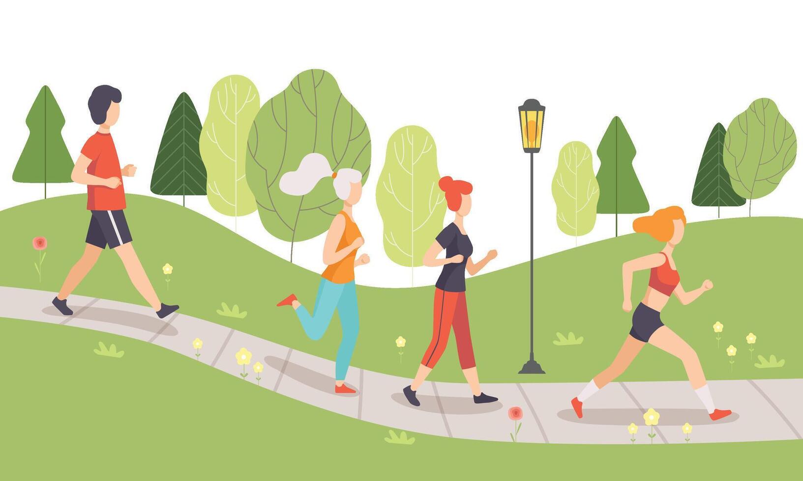 People Running and Jogging in Park, Physical Activities Outdoors, Healthy Lifestyle and Fitness Illustration vector
