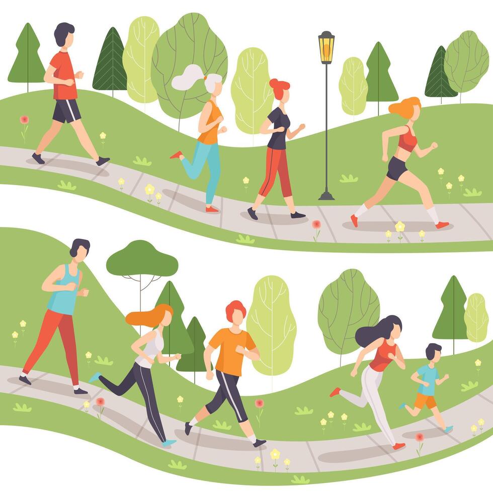 People Running in Park Set, Young Men and Women Doing Physical Activities Outdoors, Healthy Lifestyle and Fitness Illustration vector