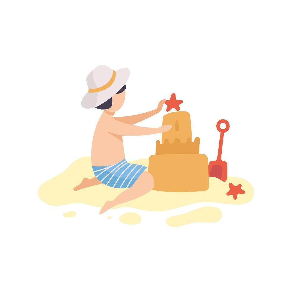 Cute Boy Building Sandcastle, Kid Playing on Beach on Summer Holidays Illustration vector