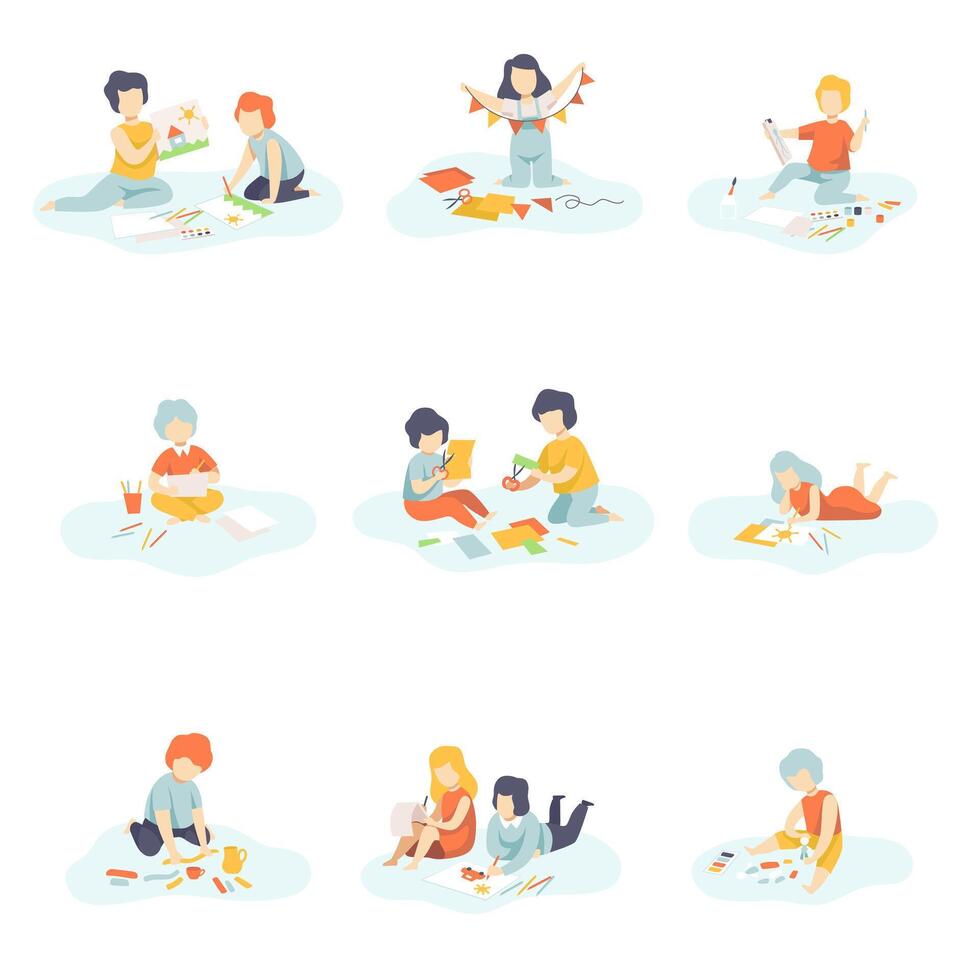 Boys and Girls Sitting on Floor Painting, Cutting, Drawing, Modelling from Plasticine, Kids Creativity, Education, Development Illustration vector