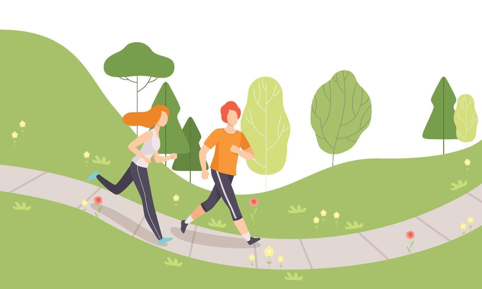 Couple Running in Park, Young Man and Woman Jogging, Physical Activities Outdoors, Healthy Lifestyle and Fitness Illustration vector