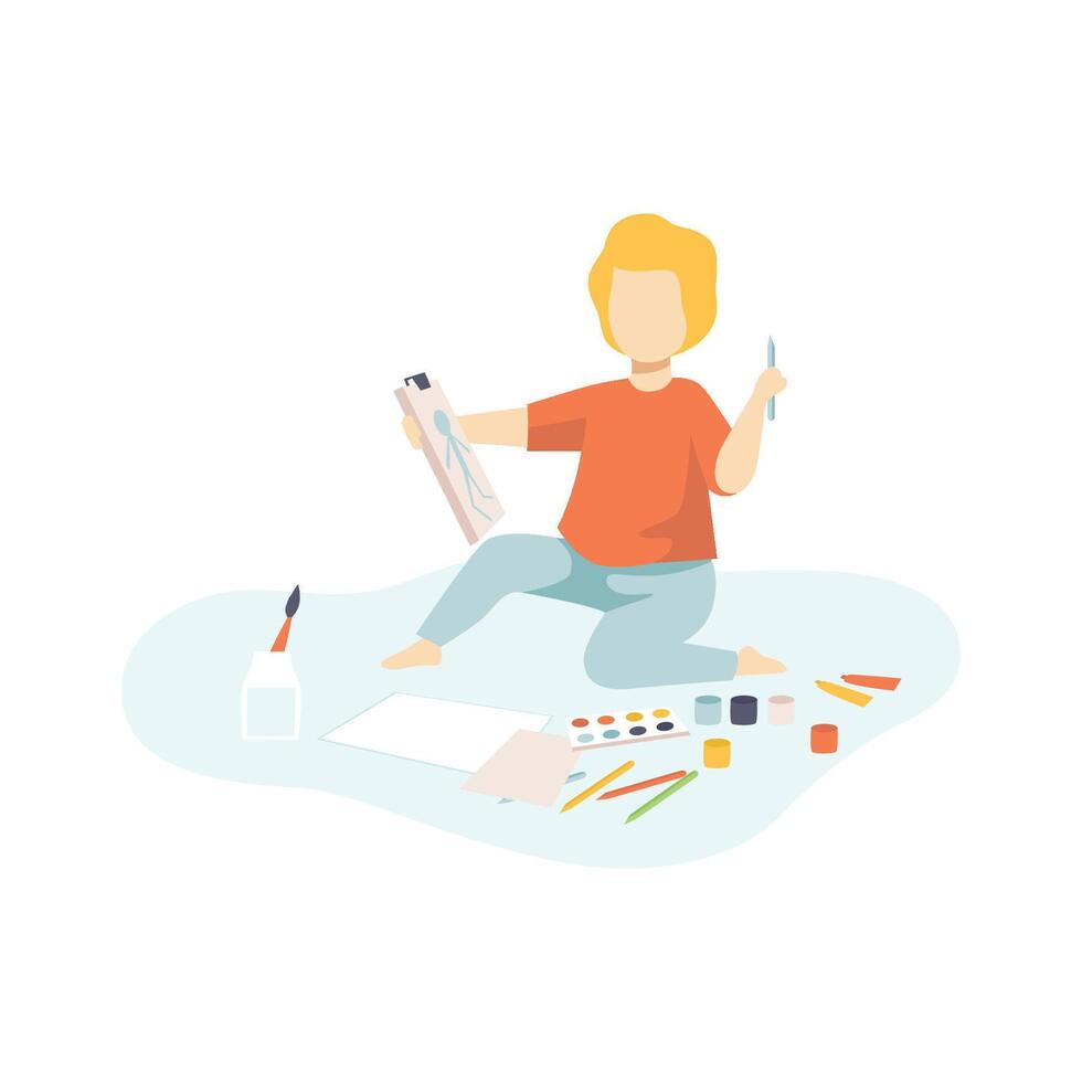 Boy Sitting on Floor and Drawing, Kids Creativity, Education, Development Illustration vector