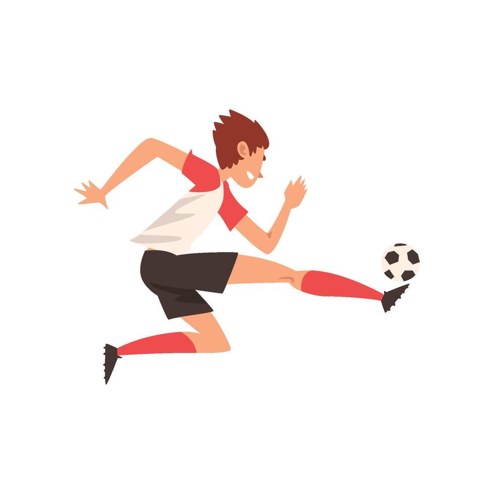 Soccer Player Kicking Ball, Football Player Character in Sports Uniform Training and Practicing Football Illustration vector