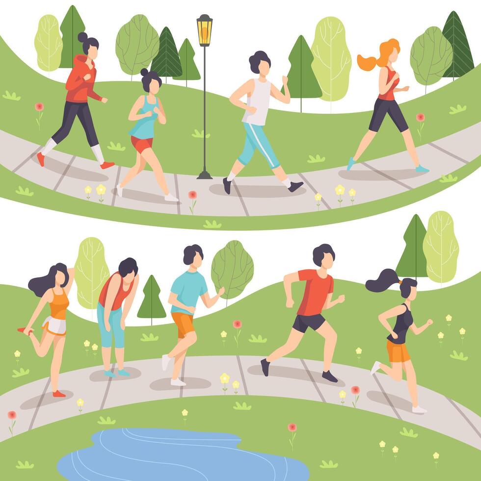 People Running in Summer Park Set, Young Men and Women Jogging, Physical Activities Outdoors, Healthy Lifestyle and Fitness Illustration vector