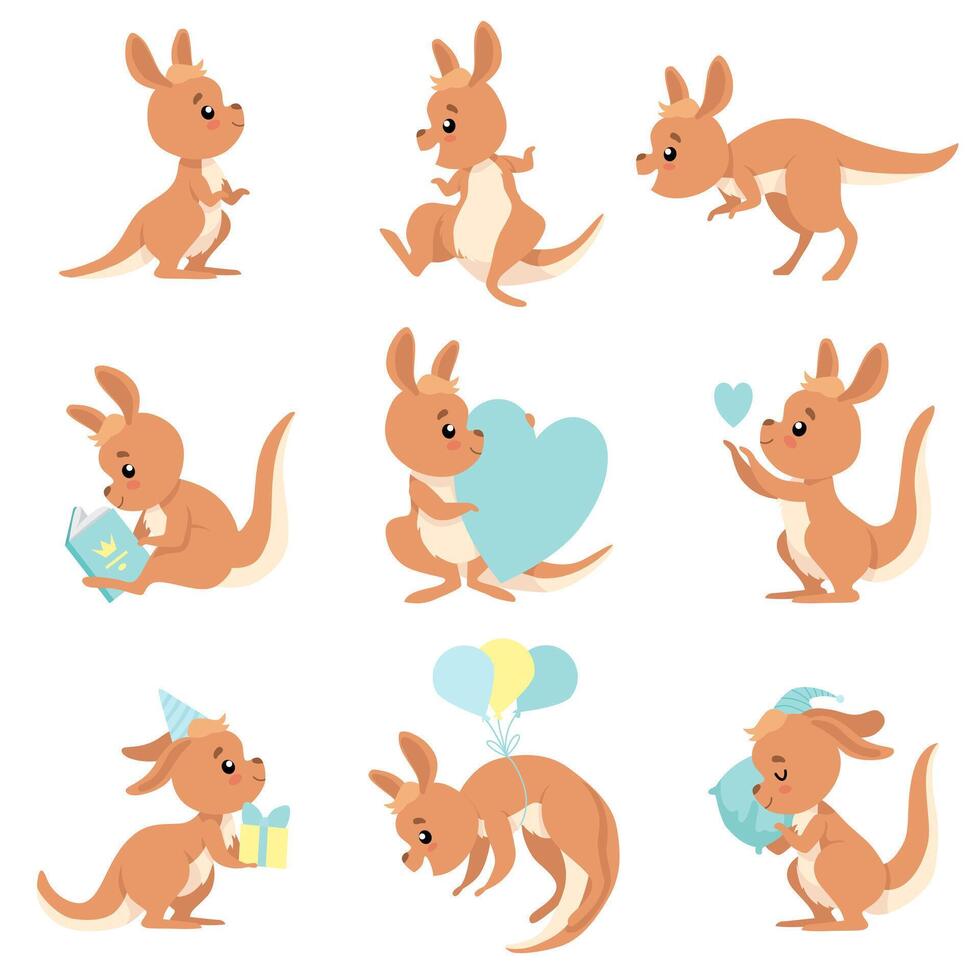 Cute Baby Kangaroo Set, Brown Wallaby Australian Animal Character in Different Situations Illustration vector