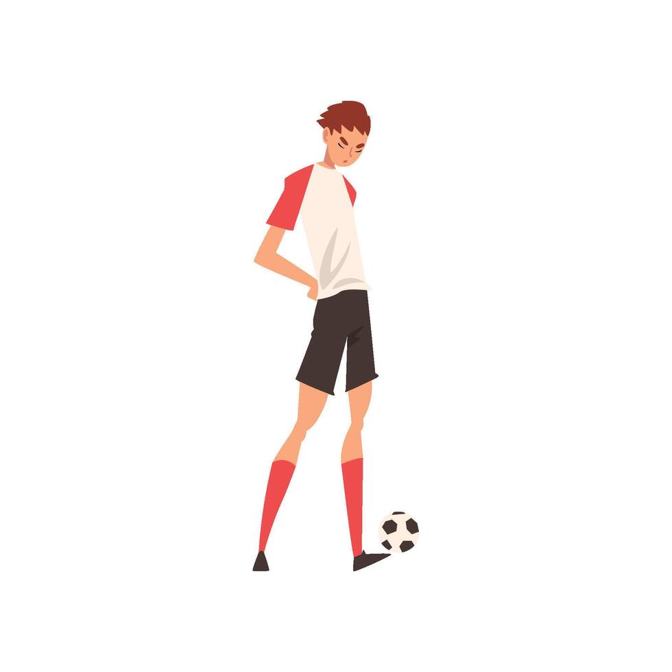 Professional Soccer Player Standing with Ball, Football Player Character in Uniform Training and Practicing Soccer Illustration vector