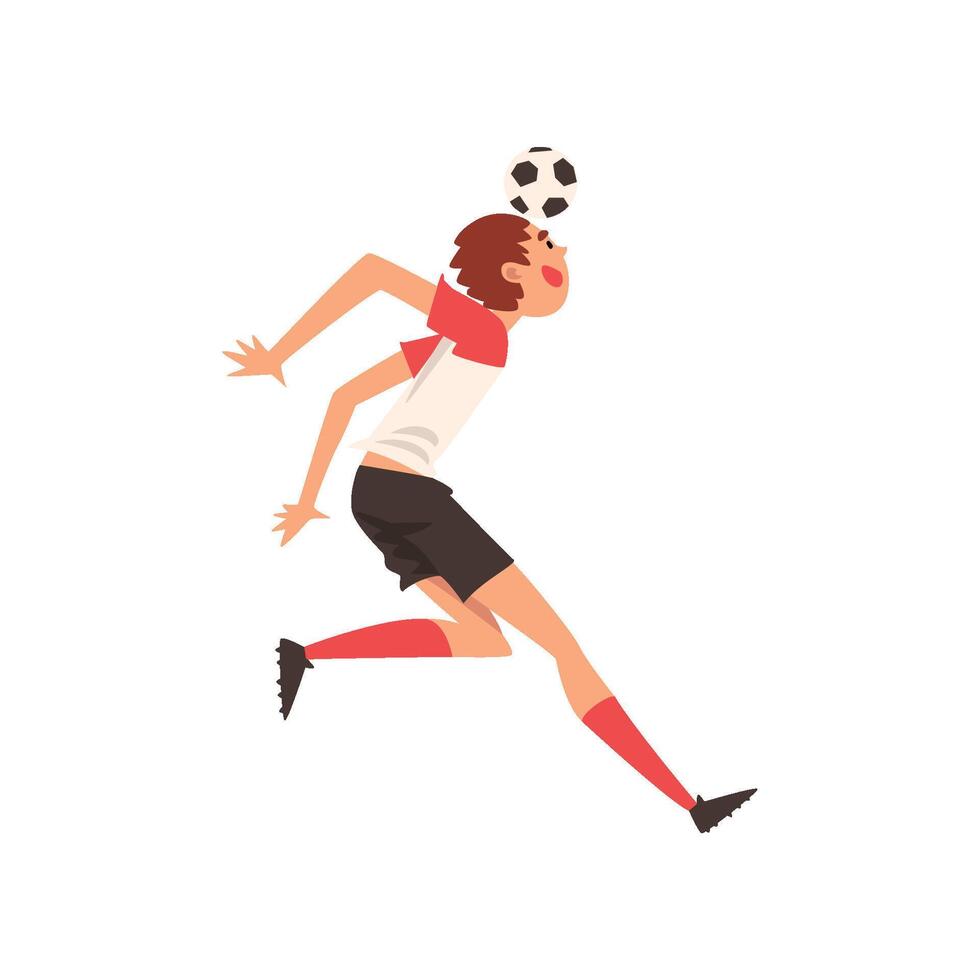 Soccer Player Shooting Ball with Head, Football Player Character in Uniform Illustration vector
